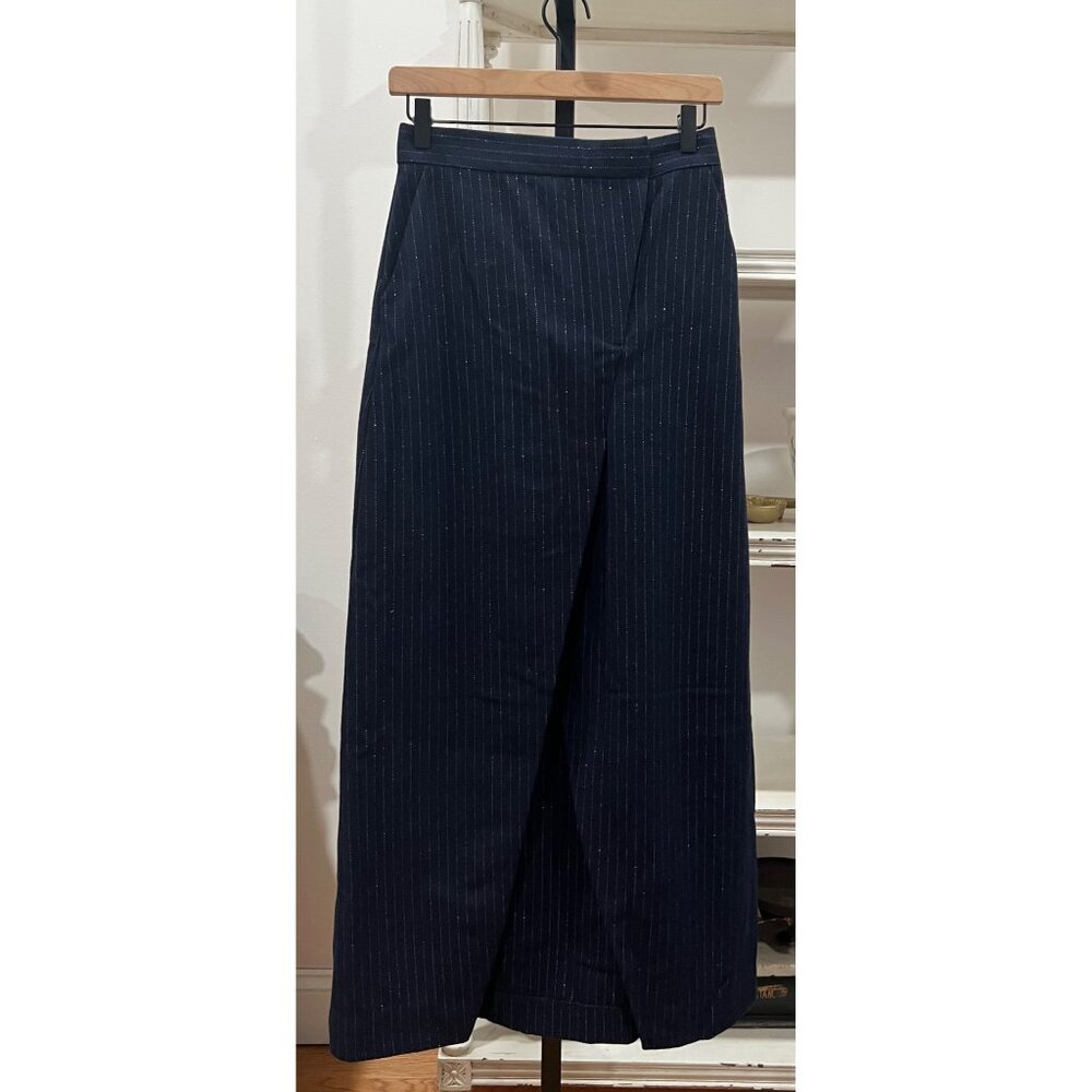 YOOX Weili Zheng Metallic pin-stripe Wool Navy Pencil Maxi Skirt Size Small